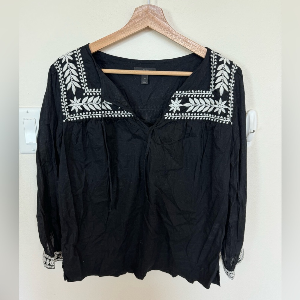 J. Crew Black embroidered Peasant Top. Size SP.